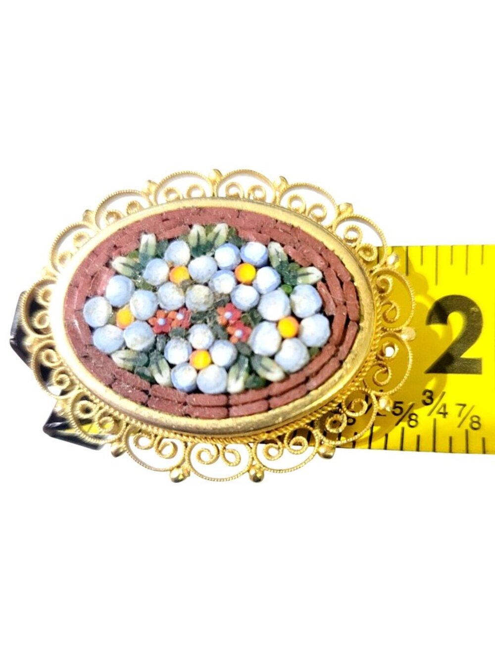 Vintage Italian Floral Micro Mosaic Brooch Gold Plated Blue Flowers Glass Tiles - Picture 6 of 8